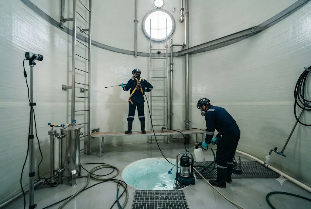Professional Water Storage Tank Cleaning service cleaning and disinfecting a large water storage tank in the UAE.