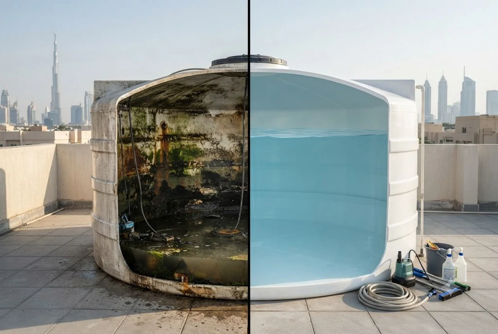 Professional water tank cleaning before and after showing a dirty tank transformed into a clean and sanitized water storage tank.