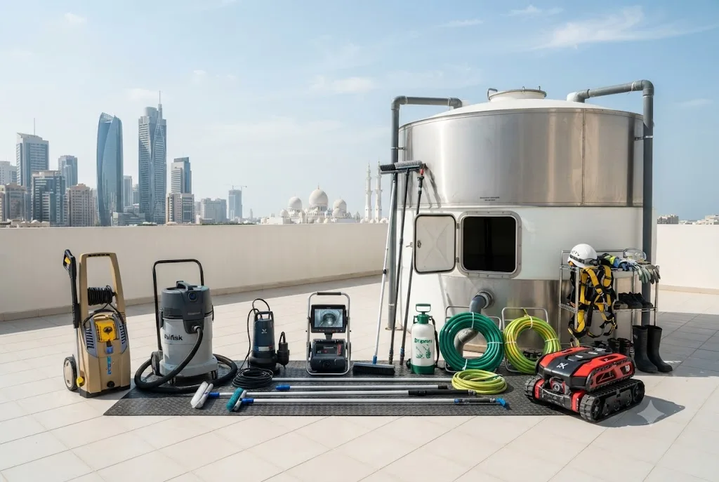 Professional water tank cleaning equipment including tank cleaning tools, high-pressure cleaning machines, and robotic cleaning systems.