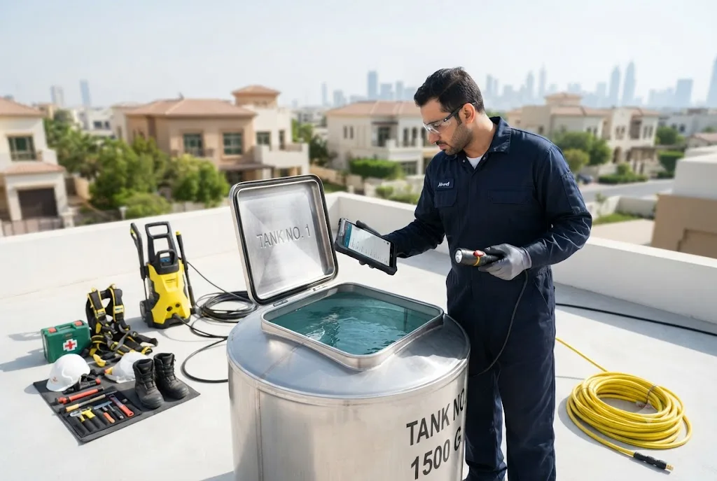 Professional technician explaining water tank cleaning FAQs during inspection of a clean residential water storage tank.