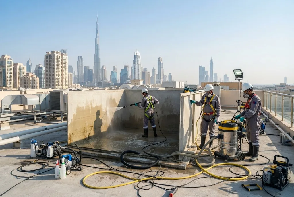 Professional Water Tank Cleaning Process Dubai using industrial equipment to clean and disinfect a residential water storage tank.