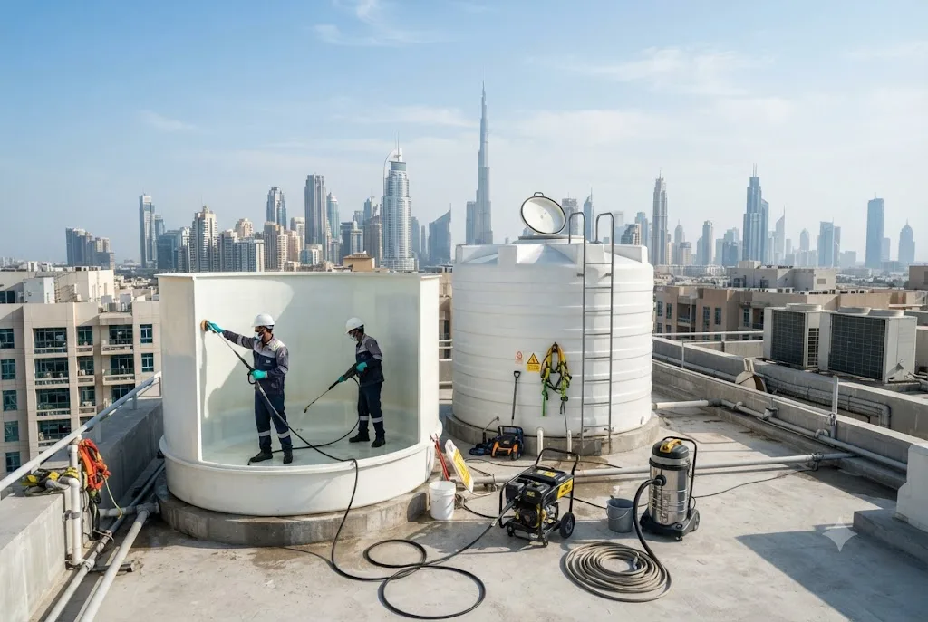 Professional Water Tank Cleaning UAE service cleaning and disinfecting a residential water storage tank.