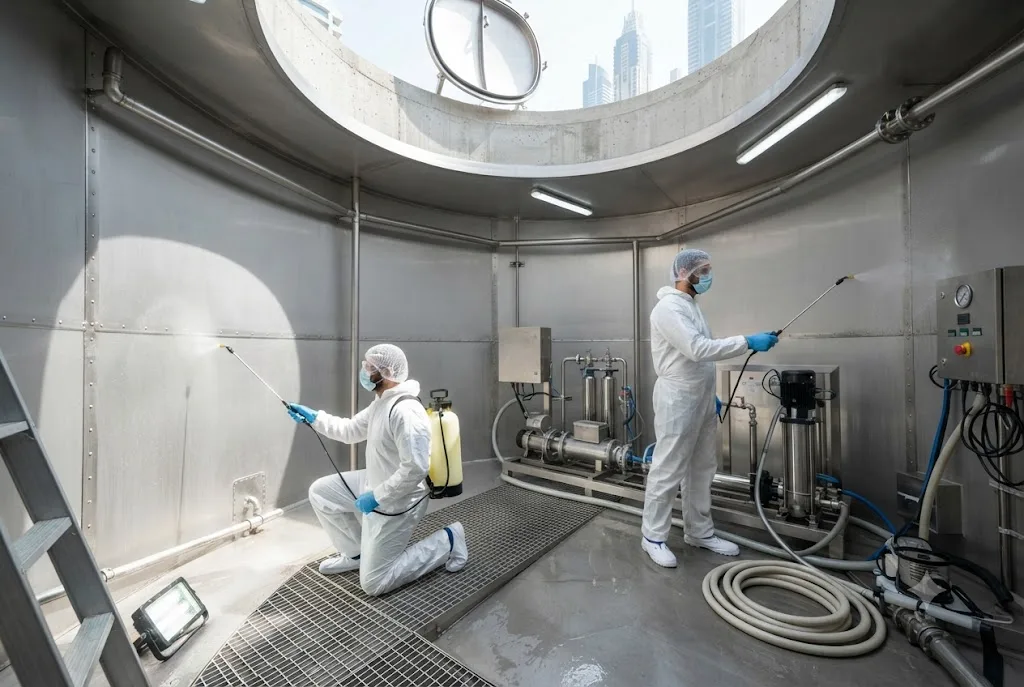 Professional Water Tank Disinfection Dubai service sanitizing a potable water storage tank using approved disinfectants.